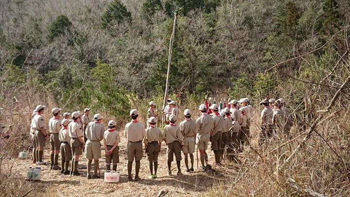 春季野営最終日、朝礼の始まりです。